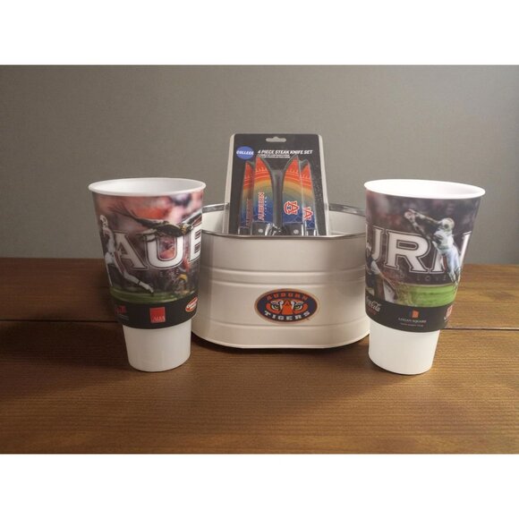 Auburn Football 7-Piece Fan Set – Metal Drink Bucket, 2 Cups & 4 NEW Steak Knive - Picture 4 of 16